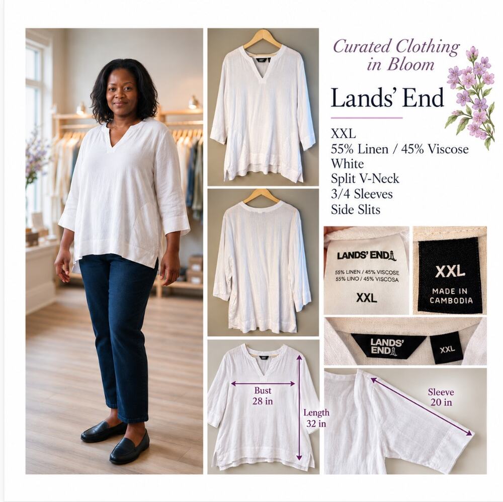 Lands' End White Linen-Blend Split V-Neck Tunic Size XXL